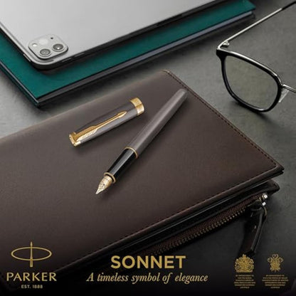 PARKER Sonnet Fountain Pen | Grey Lacquer with Gold Trims | Medium Stainless Steel Nib with Gold Coating | Black Ink Cartridge Refill | Gift Box | Perfect Graduation Gifts