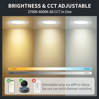 DUSKTEC Smart Recessed Downlights 10W 1000LM, Work with Alexa, APP & Voice Control, 2700K-6000K Warm Neutral Cold White CCT Adjustable Spot Light, Dimmable LED Recessed Ceiling Spotlights, 6 Pack