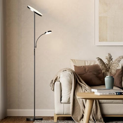 OUTON LED Floor Lamp with Reading Lamp, Mother/Father Parent & Child Uplighter and Spotlight Design, Dimmable Standing Lamp, Remote & Touch Control for Living Room Bedroom Office, Black