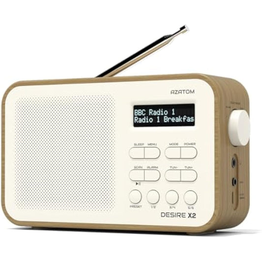 DAB/DAB+ & FM Portable Digital Radio | Simple Controls | Dual Alarms & Sleep Timer | Battery & Mains Powered (4x”AA”) | Bluetooth | Perfect for Home, Office or Outdoors | AZATOM Desire X2 (Oak)