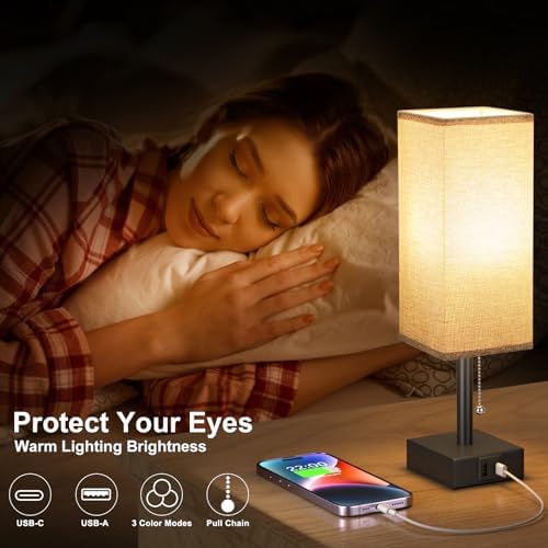 Aooshine Bedside Lamps Set of 2, Bedside Lamps with USB A+C Ports, Table Lamp for Bedroom with 3-Color Modes, Pull Chain Lamp with Grey Square Fabric Shade for Bedroom Living Room (Bulb Included)