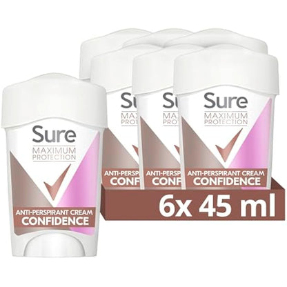 Sure Maximum Protection Confidence Anti-Perspirant Cream Women's Deodorant Stick with 3x stronger* sweat protection for 96 hour sweat and odour protection 6x 45 ml