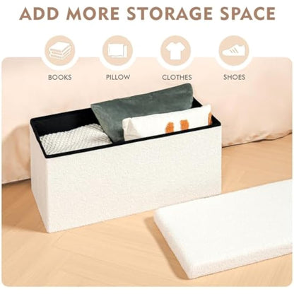 Bonlife Ottoman Bench,Large Toy Storage Box with Lid,Folding Footstool with Storage for Living Room,Hallway,Boucle Fabric,White,80x40x40cm