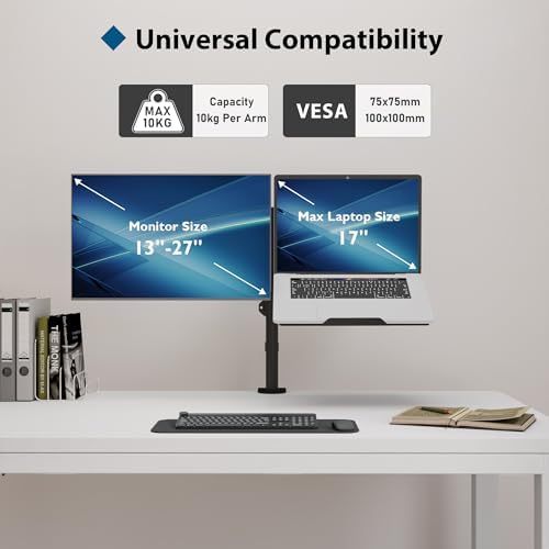 BONTEC Monitor Arm with Laptop Tray, Laptop Desk Mount for 13-27 Inch Screen and 17 Inch, Height Adjustable Full Motion VESA Mount, Tilt Swivel 360° Rotation, Cable Management Included