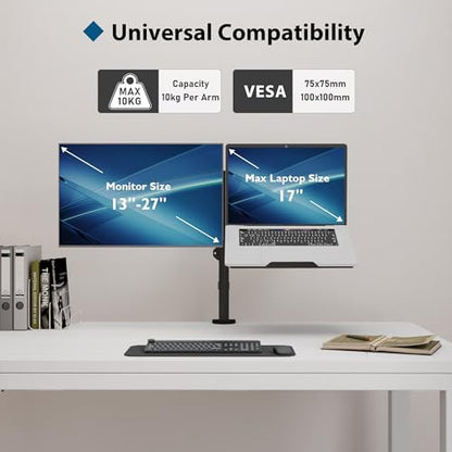 BONTEC Monitor Arm with Laptop Tray, Laptop Desk Mount for 13-27 Inch Screen and 17 Inch, Height Adjustable Full Motion VESA Mount, Tilt Swivel 360° Rotation, Cable Management Included