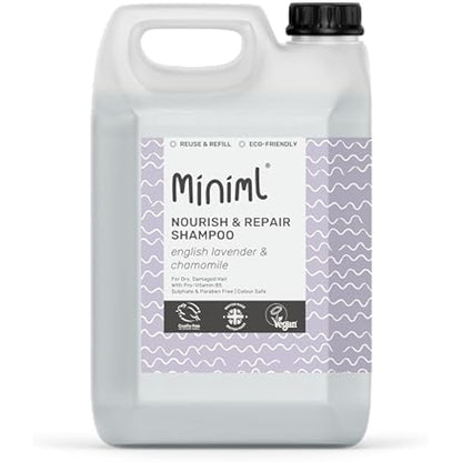 Miniml Natural Eco Hair Shampoo - Nourish and Repair – 5L Refill Lavender and Chamomile - For Dry, Damaged Hair with Pro-Vitamin B5 - Sulphate & Paraben Free, Vegan & Cruelty Free
