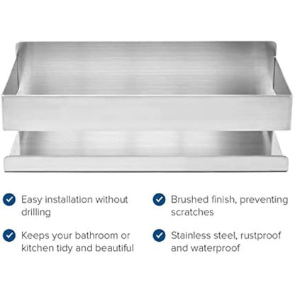 Joejis Shower Caddy No Drill - Strong 3M Self Adhesive No Drill Wall Mounted Shelf - Stainless Steel - Tidy Shampoo Gel Storage Basket - Shower Organiser (2 Pack Silver)