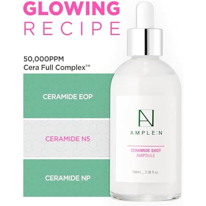 CORÉANA AMPLE:N Ceramide Shot Ampoule 3.38 fl. oz. (100ml) - Highly Concentrated Ultimate Hydrating Facial Serum for Dry and Rough Skin, Moisture-Locking, Reduced Wrinkles