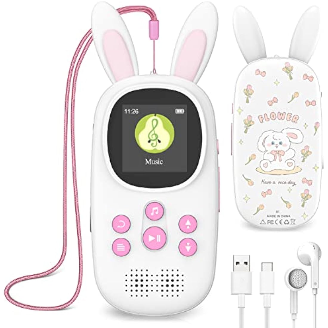 Cute Bunny Kids Music MP3 Player with Bluetooth, MP4 Player with Speaker, FM Radio, Alarm, Pedometer, Stopwatch, Supports up to 128GB