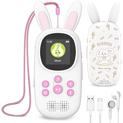 Cute Bunny Kids Music MP3 Player with Bluetooth, MP4 Player with Speaker, FM Radio, Alarm, Pedometer, Stopwatch, Supports up to 128GB