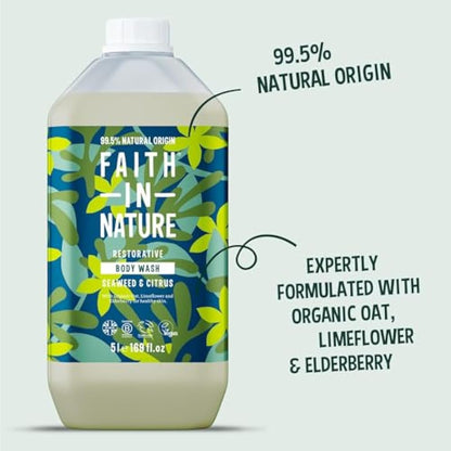 Faith In Nature Natural Seaweed & Citrus Body Wash, Restorative Shower Gel, Vegan & Cruelty Free, No SLS or Parabens, 5L Refill Pack