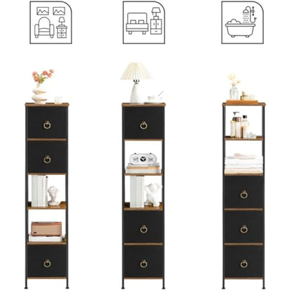 HOOBRO Tall Bathroom Cabinet, Narrow Corner Storage Cabinet, Slim Corner Shelf Unit with 3 Fabric Drawers and 2 Open Shelves, Narrow Storage Unit for Living Room, Rustic Brown and Black EBF140CW01