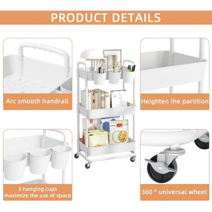 JIUYOTREE 3-Tier Plastic Rolling Storage Cart Utility Cart with Extra Hanging Cups Handles Lockable Wheels for Living Room Bathroom Kitchen Office White