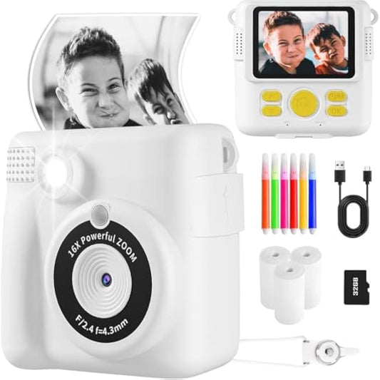 Instant Print Camera, Kids Camera Digital Camera 1080P HD Photo and Video Recording with 32G SD Card, 3 Rolls Photo Paper for Age 6-12 Boys and Girls Birthday Chirstmas Gifts (White)