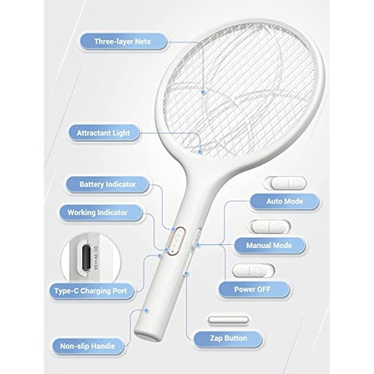 YISSVIC Electric Fly Swatter 4000V Bug Fly Zapper Racket Mosquito Killer 1500 mAh 3 Layers Mesh with USB C Cable Stand Base for Indoor Outdoor