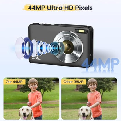 CAMKORY Digital Camera 1080P FHD Compact Vlogging Camera 44MP 16X Digital Zoom Portable for Kids, Teens, Students & Seniors (Black)