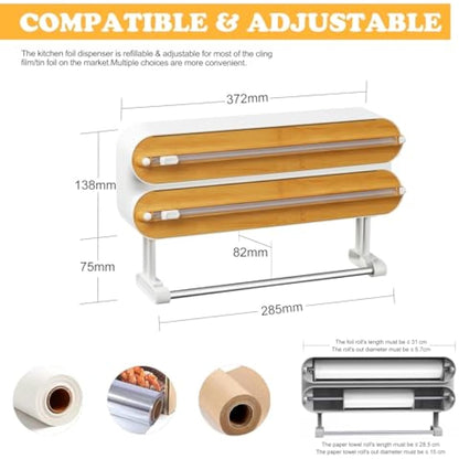 Magnetic Cling Film Dispenser and Cutter - Advanced 3-in-1 Wall-Mounted Kitchen Roll Holder, Quasziwa Refillable Cling Wrap & Aluminium Foil Dispenser with Paper Towel Holder - Fits 12" Roll, White