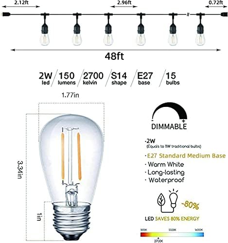Svater Outdoor String Lights LED 96FT/29m, S14 2Pack 48FT Festoon Lights Mains Powered with 30+2 2W Plastic Bulbs, IP65 Waterproof Garden String Lights for Patio Party Wedding, 2700K Warm White