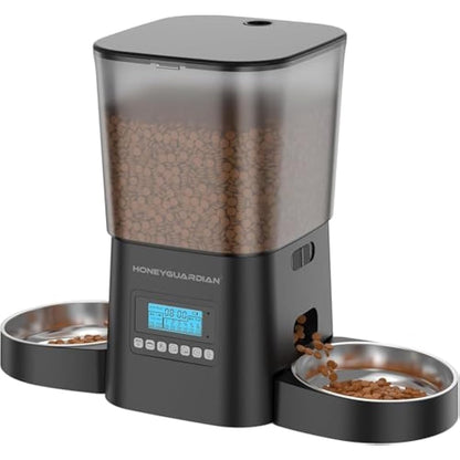 HoneyGuaridan Automatic Cat Feeders for 2 Cats, 3.5L Cat Food Dispenser with Double Bowls,Two Way Splitter Timed Cat Feeder for Dry Food, Programmable 1-6 Meals Control, Dual Power Supply, 10s Call