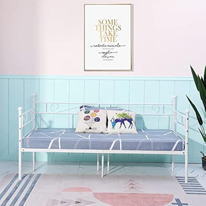 buybyroom Day bed Frame,Modern Metal Day Bed Sofa, Platform Bed Base with Headboard and Footboard Premium Stable Metal Slats for 90 x 190 mattress,White