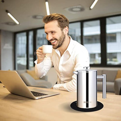 MOGGA Cafetiere 34oz/1000ml Coffee Maker Double Walled Insulated French Press with Silver Color and Large Capacity Stainless Steel Coffee Pot Easy to Use and Clean in Home Office and Camping