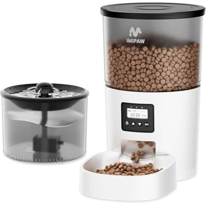 IMIPAW Automatic Cat Feeder and Water Fountain, Timed Pet Dry Food Dispenser, Programmable Portion Control, 1-6 Meals Per Day, Cats Drinking Fountain with Filter, Small Pets, 3L Combo