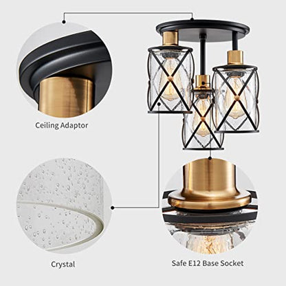 WUZUPS Chandelier Semi Flushmount Industrial 3-Light Ceiling Light Fixture Clear Seeded Glass Shade for Entryway Porch Foyer Kitchen Dining Room