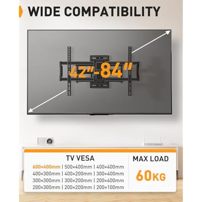 Perlegear TV Wall Bracket for 42–84 Inch Flat/Curved TVs up to 60 kg, Tilt and Swivel Wall Brackets with Dual Arms, Full Motion TV Wall Mount Max VESA 600x400mm, PGLF12