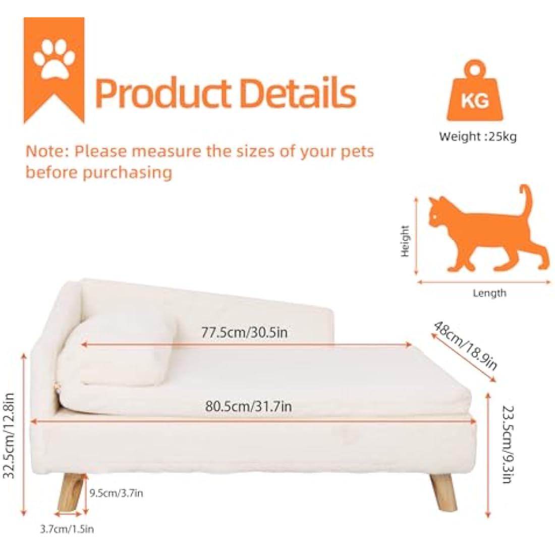 BingoPaw Elevated Dog Sofa Bed: L Shaped Raised Dog Lounger Couch with Durable Wooden Legs - Nordic Plush Fur Pet Chair Bed with Soft Removable Cushion Mat and Pillow L(80x50cm)