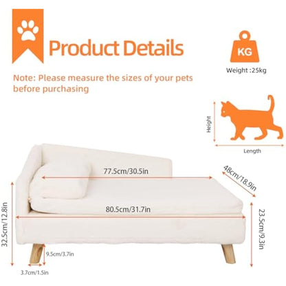 BingoPaw Elevated Dog Sofa Bed: L Shaped Raised Dog Lounger Couch with Durable Wooden Legs - Nordic Plush Fur Pet Chair Bed with Soft Removable Cushion Mat and Pillow L(80x50cm)