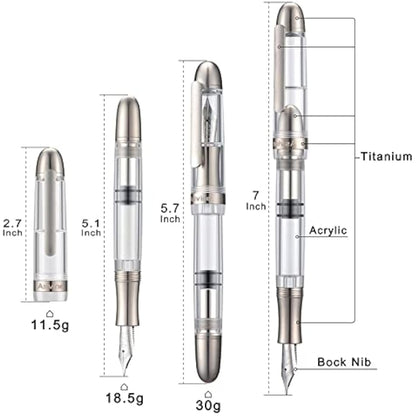 Asvine P36 Titanium Fountain Pen Clear Transparent Acrylic Piston Filling Pen, Bock Broad Nib Smooth Writing Pen Case Set