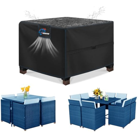 SIRUITON 120x120x74cm Cube Garden Furniture Cover,Heavy Duty Waterproof 420D Oxford Fabric Patio Set Protector with Air Vent,Rattan Cube Garden Table Cover(Square Black)