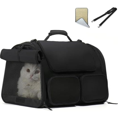 FUKUMARU Cat Carrier, 4 Mesh Windows Small Dog Carrier, 4 Storage Pockets Cat Travel Bag, Under 6.8 Kg Airline Approved Pet Carrier, Rollable Cover for Nervous Cats, Black