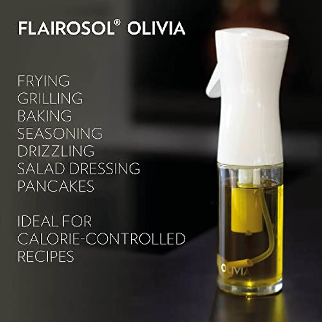 FLAIROSOL OLIVIA. The Original Advanced Oil Sprayer for Cooking, Kitchen, Salads, BBQs, Continuous Spray with Portion Control, 130ml Glass Olive Oil Sprayer(White Print)