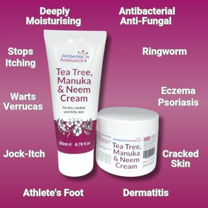 Tea Tree, Manuka & Neem Cream 350ml - Antibacterial, Anti-fungal, Antiseptic, Anti-Itch, Dry, Chapped & Cracked Skin, Eczema, Psoriasis, Jock Itch, Fungal infections. Fast Effective Relief