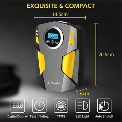 SYTUNG Digital Tyre Inflator, Portable Air Compressor Car Tyre Pump with 3 Nozzle Adaptors and Digital LED Light, 12V Rapid Tyre Inflator Air Compressor for Car Tires and Other Inflatables