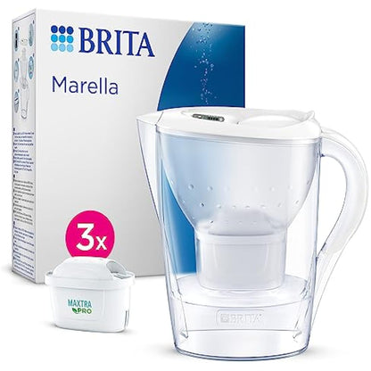 BRITA Marella Water Filter Jug White (2.4L) Starter Pack incl. 3x MAXTRA PRO All-in-1 cartridge - fridge-fitting jug with digital LTI and Flip-Lid - now in sustainable Smart Box packaging