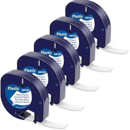 5-Pack MarkField Label Tape Replacement for Dymo Letratag Tape Plastic White 12mm x 4m S0721610, Compatible with Dymo Label Printer LT-110T LT-100H LT-100T QX50 XR XM