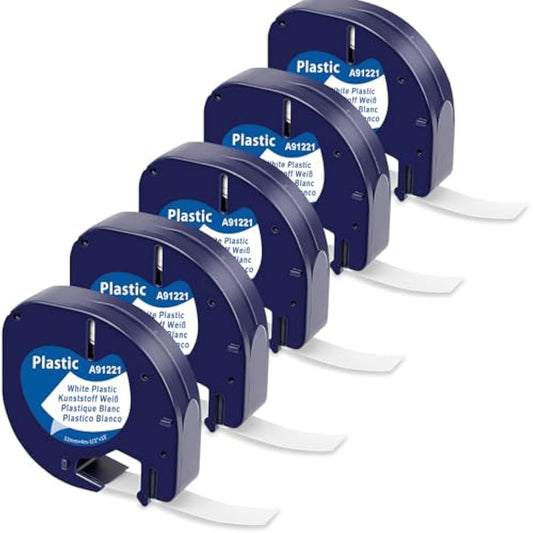5-Pack MarkField Label Tape Replacement for Dymo Letratag Tape Plastic White 12mm x 4m S0721610, Compatible with Dymo Label Printer LT-110T LT-100H LT-100T QX50 XR XM
