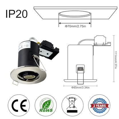 Wondlumi 8X Fire Rated GU10 Downlights, IP20 Brushed Chrome LED Downlights Ceiling, Recessed Ceiling Lights Spotlight Fittings 240V for Bedroom, No