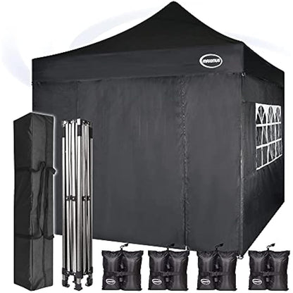 MAXIMUS HEAVY DUTY POP UP GAZEBO 3m x 3m COMMERCIAL MARKET STALL WITH 4 WEIGHT BAGS (4 Walls, Black)