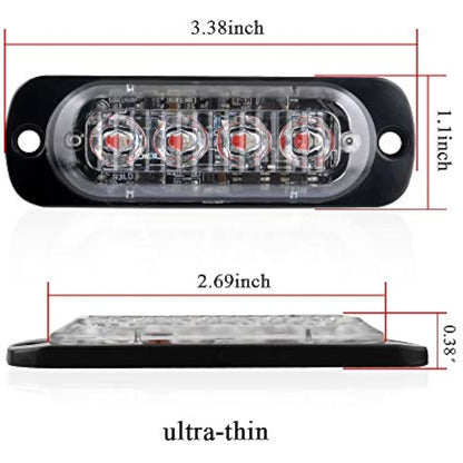 4pcs Ultra Thin 4LED Emergency Warning Lights Red Hazard Flashing Strobe Light Side Warning Light Beacon Light Universal for 12-24V Car Vehicle Truck Trailer Caravan Camper Motorcycle Van