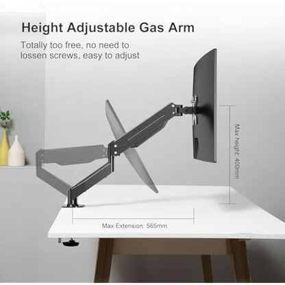 Suptek Single Monitor Arm Gas Spring, Monitor Arm Desk Mount for 17-32 inch Monitors up to 10kg, Tool Free Height Adjustable Screen Arm with Tilt Swivel Rotation, VESA 75/100mm, C-clamp/Grommet Option