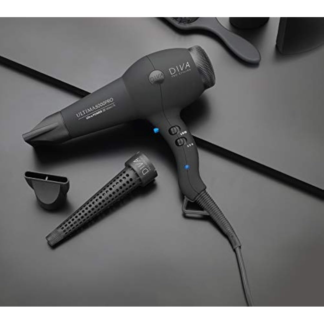 Diva Pro Styling Ultima 5000 Pro Dryer, 2200W Professional Hairdryer with Ionic Conditioning, Black
