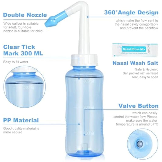URAQT Neti Pot, Nasal Rinse Kit Nose Wash Cleaner, 300ml Sinus Rinse Bottle with 40 Nasal Wash Salt Packets, Pressure Rinse Nasal Irrigation for Adult and Kid BPA Free