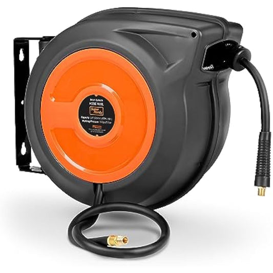 SuperHandy Air Hose Reel Retractable Spring Driven 3/8" x15m (50' ft) Long 300PSI 20BAR Max Polypropylene Premium Flex Hybrid Polymer Hose for Indoor Outdoor Use w/Lead in Hose & PVC Handle