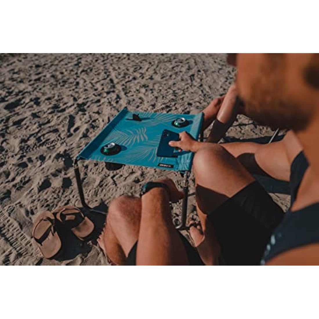 Neso Portable Beach Table with Cup Holders, Cell Phone Pockets, Lightweight for Picnics and Parks (Aqua Fronds)