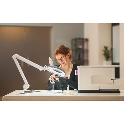 Lumeno 7215SW LED Magnifying lamp, 127 mm Glass Lens, 950 Lumen, 5 diopters, Workstation & Cosmetic lamp, for Beauty Salon, hobbyist, as Reading aid, Magnifying Glass with Table Stand 6180SW
