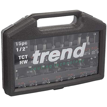 Trend 15 Piece Router Cutter Starter Set, 1/2 Inch Shank, Tungsten Carbide Tipped, Storage Case Included, SET/SS9X1/2TC