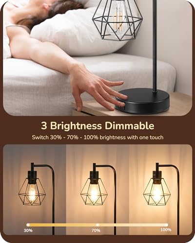 EDISHINE Bedside Lamps Set of 2, Dimmable LED Table Lamp, Diamond Cage Lampshade, USB Charging Ports, Touch Lamps for Living Room, Bedroom, E27 Socket, Bulb Included, Black